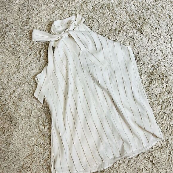 Calvin Klein Metallic Stripe Tie-Neck Halter Top White Size Small - Picture 10 of 11